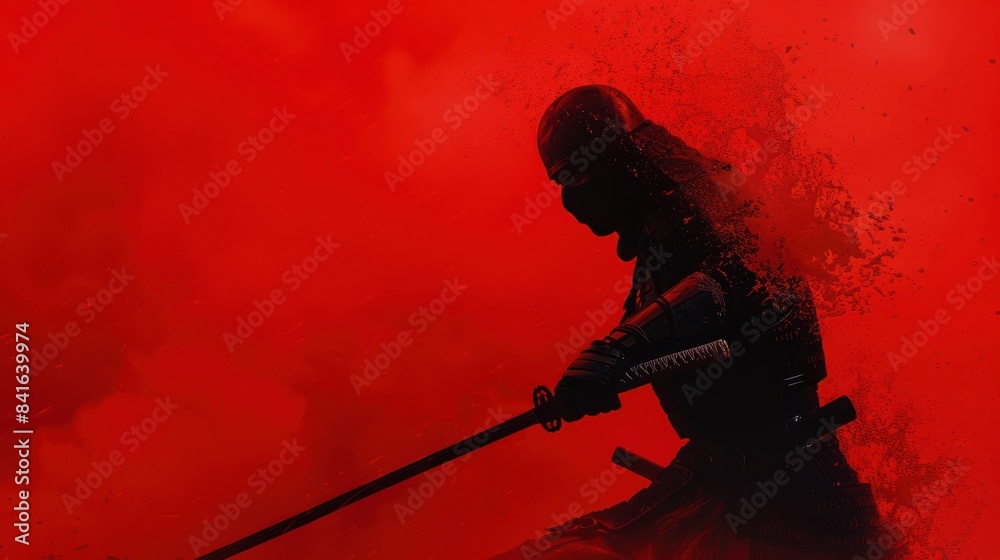 Poster Dramatic Ninja character illustration with sword isolated on red background