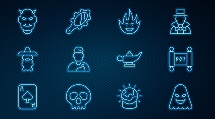 Set line Ghost, Magic scroll, Fire flame, Wizard warlock, Mask of the devil with horns, lamp Aladdin and hand mirror icon. Vector