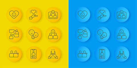 Set line BFF or best friends forever, Two sitting men talking, Happy friendship day, Informal greeting, Complicated relationship, Good, Friends and Pleasant icon. Vector