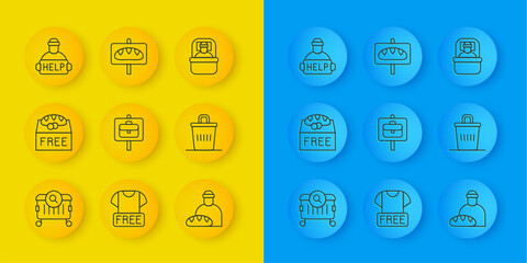 Set line Searching for food, Donation, Work search, Feeding the homeless, Trash can, Help, Sleeping bag and icon. Vector