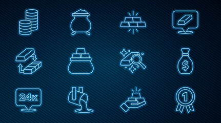 Set line Medal, Old money bag, Gold bars, Bag of gold, exchange, coin, and Molten being poured icon. Vector