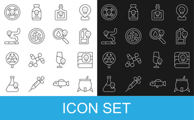 Set line Witch cauldron, Book about poisons, Beaker with toxic liquid, Bottle potion, Petri dish bacteria, Cigarette, Bones and skull and Poison magnifying glass icon. Vector