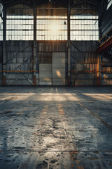 Old building interior, empty space inside industrial building. Metal and steel structure, industry concept background. Can be used as factory, warehouse, storehouse, hangar or plant. 