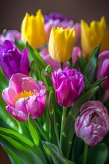 Fototapeta premium Photograph of spring flowers, purple and yellow tulips and pink peonies in a vase, close-up shot, blurred background, natural light, macro lens.