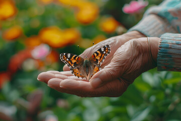 Elderly Hands Holding a Vibrant Butterfly in a Blooming Garden