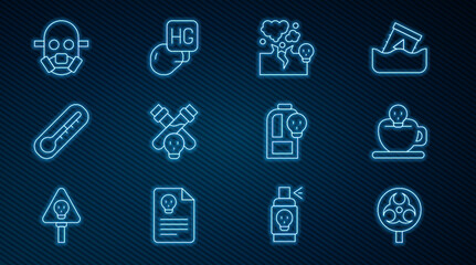 Set line Biohazard symbol, Coffee cup with skull, Poisonous cloud gas or smoke, Bottle potion, Thermometer, Gas mask, Beaker toxic liquid and Drop mercury icon. Vector