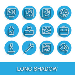 Set line Tacheometer, theodolite, Construction jackhammer, Soil analysis, Gem stone, Global planet with bulb, Earthquake, Briefcase and Topographic map icon. Vector