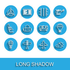 Set line Hot air balloon, Plane, propeller, Sun and cloud weather, Suitcase, Box flying parachute and Fuel tanker truck icon. Vector