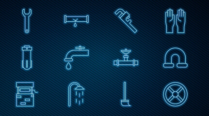 Set line Industry valve, metallic pipe, Pipe adjustable wrench, Water tap, filter, Wrench spanner, and and Broken with leaking water icon. Vector