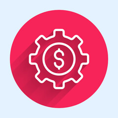 White line Gear with dollar symbol icon isolated with long shadow. Business and finance conceptual icon. Red circle button. Vector
