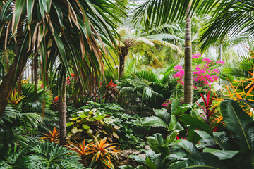 Lush Tropical Garden with Vibrant Flowers and Diverse Greenery, Perfect for Natural Decor