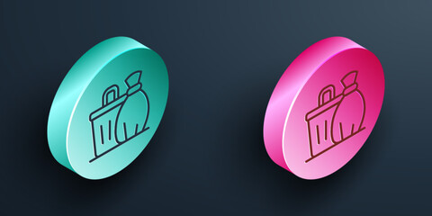 Isometric line Trash can icon isolated on black background. Garbage bin sign. Recycle basket icon. Office trash icon. Turquoise and pink circle button. Vector