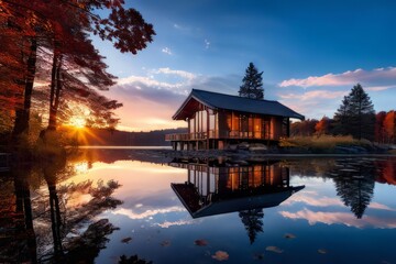 Fototapeta premium Peaceful hideaway at the lake, embraced by autumn hues. A picturesque autumn landscape.