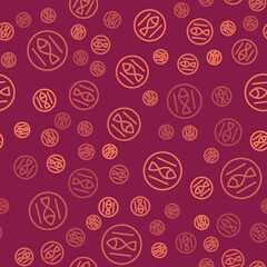 Brown line Pisces zodiac sign icon isolated seamless pattern on red background. Astrological horoscope collection. Vector