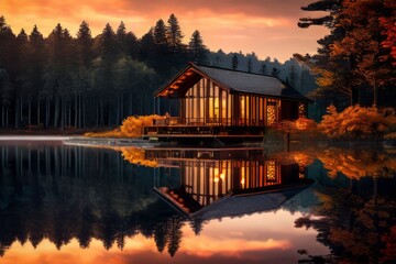 Obraz premium Peaceful hideaway at the lake, embraced by autumn hues. A picturesque autumn landscape.