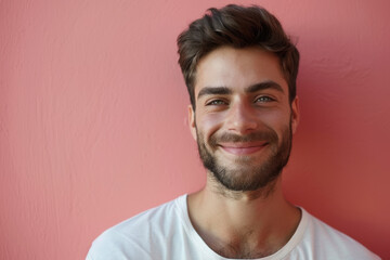 A close up portrait of a young man with a subtle smile