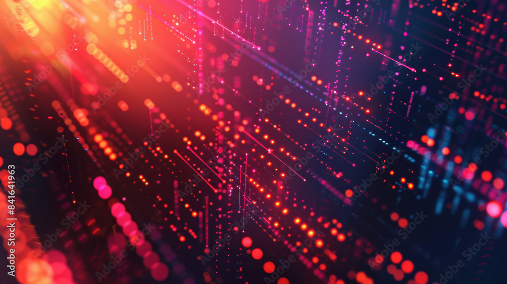 Poster futuristic abstract digital background with glowing dots and lines in vibrant colors, representing d