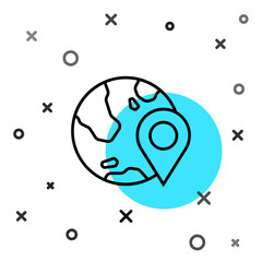 Black line Location on the globe icon isolated on white background. World or Earth sign. Random dynamic shapes. Vector