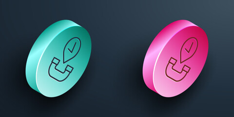 Isometric line Telephone handset icon isolated on black background. Phone sign. Turquoise and pink circle button. Vector