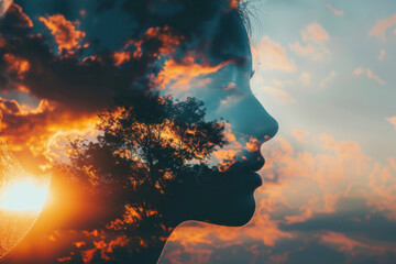 Double exposure of a serene profile of a woman with a vibrant sunset sky and tree silhouette conveying a sense of tranquility and contemplation.