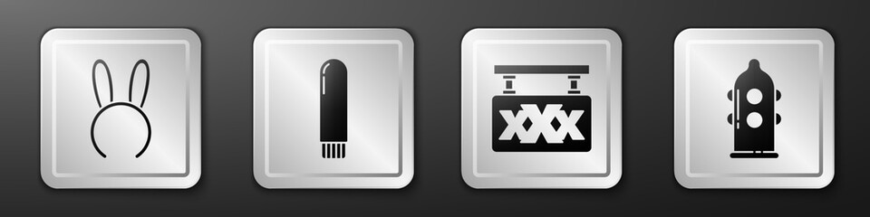 Set Mask with long bunny ears, Dildo vibrator, Sex shop and Condom icon. Silver square button. Vector