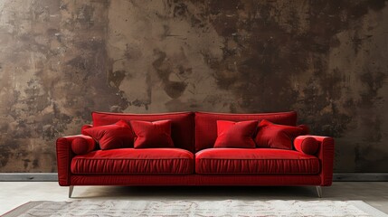 A red couch sits in front of a wall with a grey and black color scheme