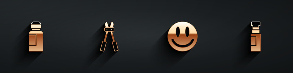 Fototapeta premium Set Paint, gouache, jar, dye, Bolt cutter, Smile face and Marker pen icon with long shadow. Vector