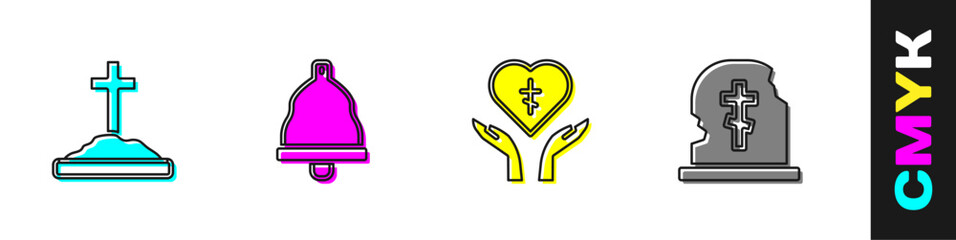 Obraz premium Set Grave with cross, Church bell, Religious in heart and tombstone icon. Vector