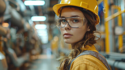 Portrait of a young female engineer with safety gear in an industrial setting, reflecting determination and professionalism.