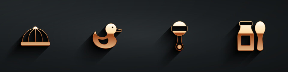 Set Baby hat, Rubber duck, Rattle baby toy and Yogurt in bottle with spoon icon with long shadow. Vector