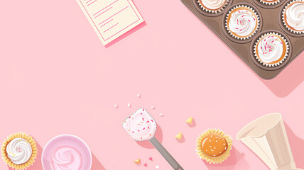 Simple and clean background with a recipe card, and tiny illustrations of a cupcake, muffin tray, and frosting bag, suggesting a baking session.
