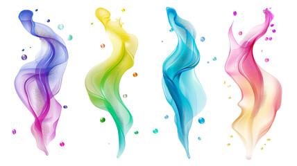 Collection of transparent rainbow liquid flow shapes in the form of bubbles and blobs, isolated on a white background, giving a playful and buoyant feel to the design.