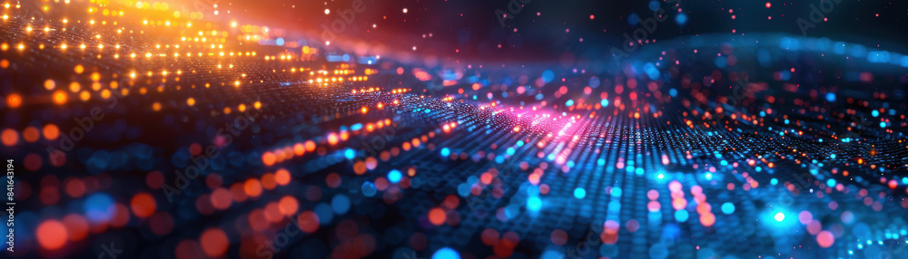 Poster abstract digital landscape with vibrant multicolored dots forming a futuristic and dynamic array of 