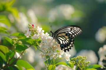 Obraz premium Beautiful black and white butterfly perched on delicate white spring blossoms