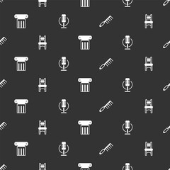 Set Hairbrush, Chair, Ancient column and Microphone on seamless pattern. Vector