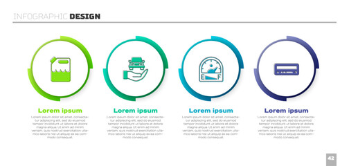 Set Canister for gasoline, Auto service check automotive, Motor gauge and Car audio. Business infographic template. Vector