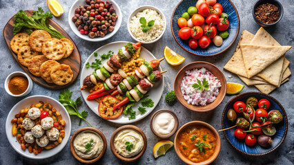 Greek food background. Meze, gyros, souvlaki, fish, pita, greek salad, tzatziki, assortment of feta, olives and meatballs. Traditional different greek dishes set. on a grey background. Top view.