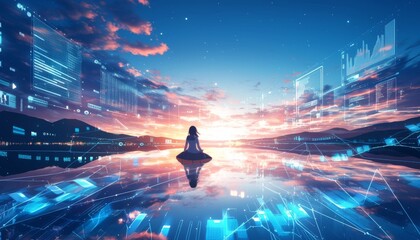 Charming anime girl by a lake with a vibrant sky, stock market chart overlay, white background, perfect for professional and creative financial content