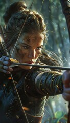 Focused Female Archer Aiming During Outdoor Target Practice with Blurred Forest Background