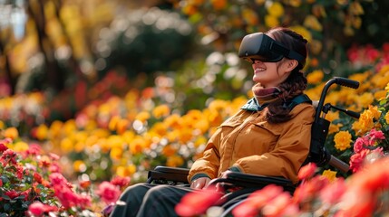 an elderly woman in a wheelchair uses a display with virtual glasses, a park with flowers, warm sun rays