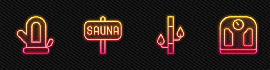Set line Bamboo, Sauna mitten, and Bathroom scales. Glowing neon icon. Vector