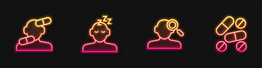 Set line Finding a problem in psychology, Sedative pills, Dreams and Medicine or tablet. Glowing neon icon. Vector