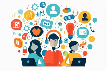 Multicultural Call Center Team with Technology Icons