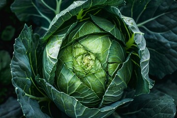 Obraz premium Close-up macro photography of fresh green cabbage. A leafy green vegetable with a rich vitamin content. Grown organically in a garden