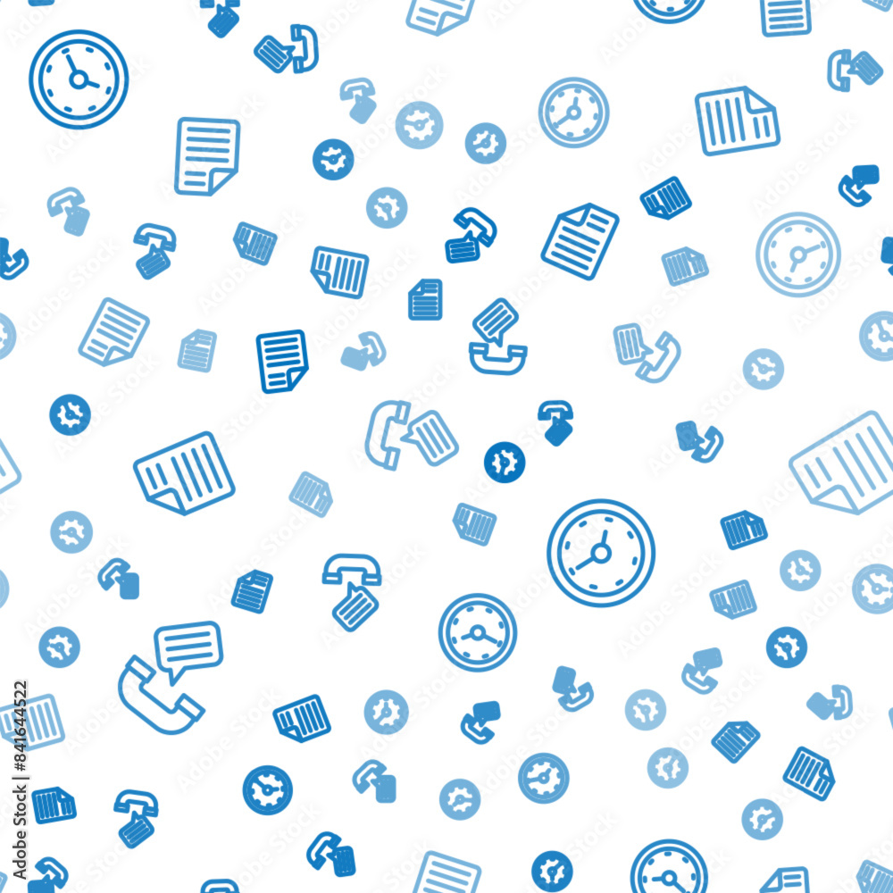 Poster set line telephone conversation, clock and file document on seamless pattern. vector