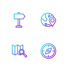 Set line Compass, Search location, Road traffic sign and Location the globe. Gradient color icons. Vector