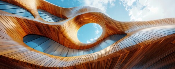 abstract building with wooden facade pattern on a blue sky background, flowing shapes, smooth architecture, and parametric walls.