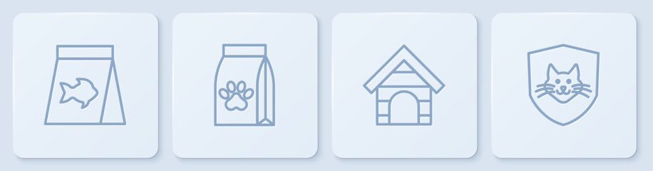 Set line Food for fish, Dog house, Bag of food pet and Animal health insurance. White square button. Vector