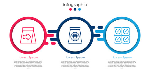 Set line Food for fish, Bag of food pet and Dog pill. Business infographic template. Vector