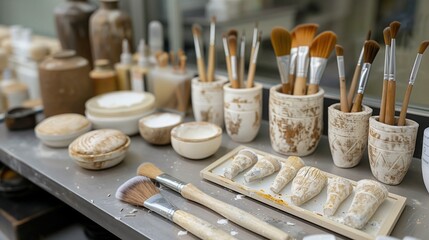A close-up view of ceramic brushes and tools used for cleaning and conservation
